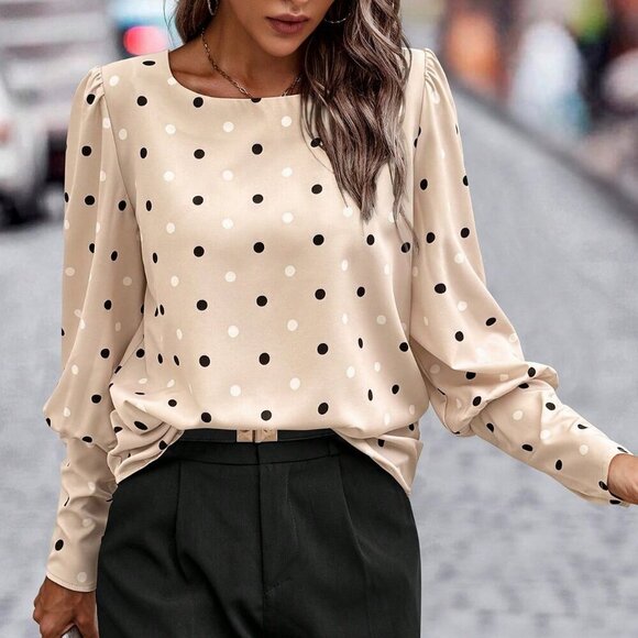 Apricot Elegant Women's Polka Dot Print Puff Sleeve Blouse - Picture 2 of 4